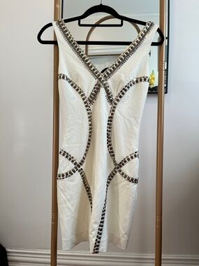 bebe White Midi Bodycon Dress with Mirrored Stud Trim